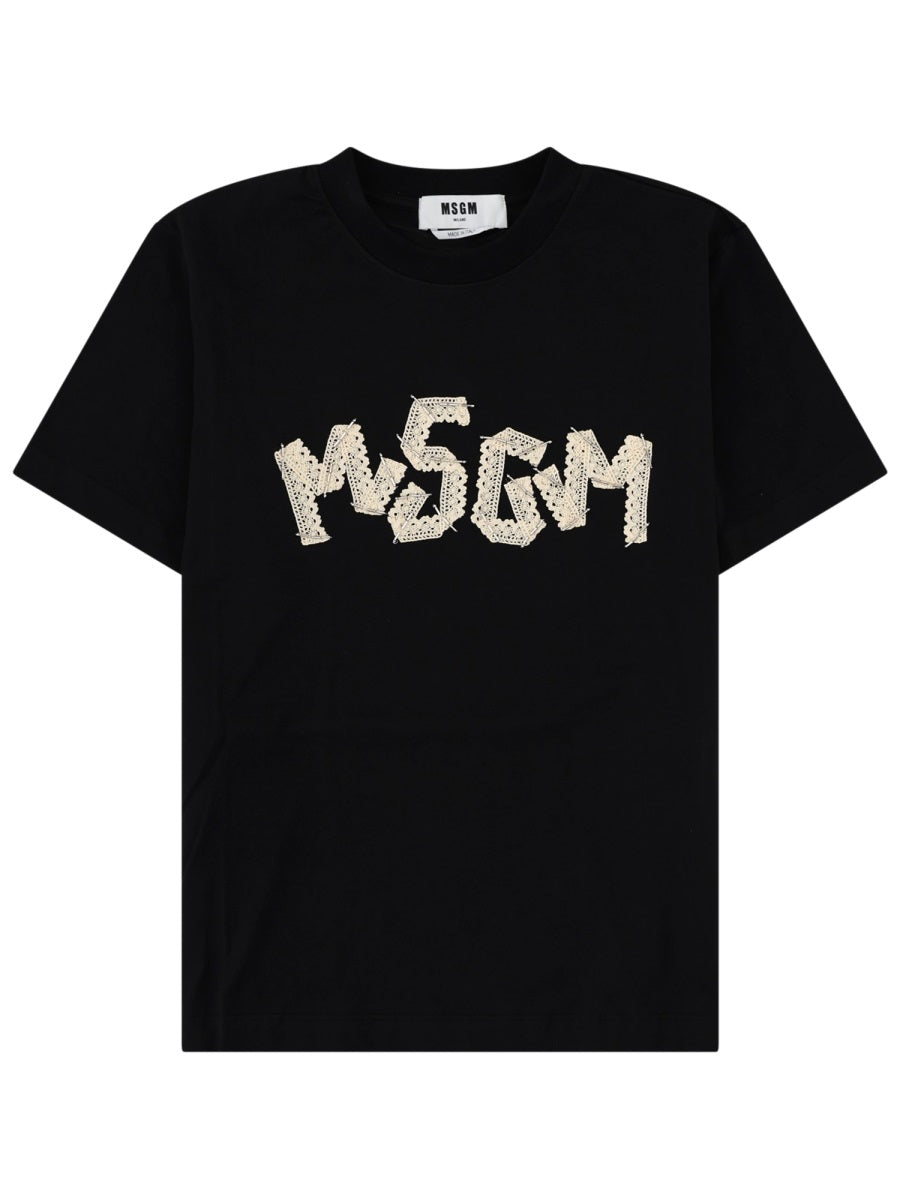Msgm T Shirt Con Logo Ricamato In Pizzo