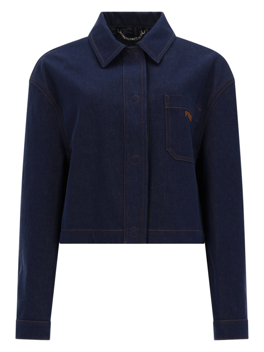 Fendi Giacca In Denim Con Logo Ricamato