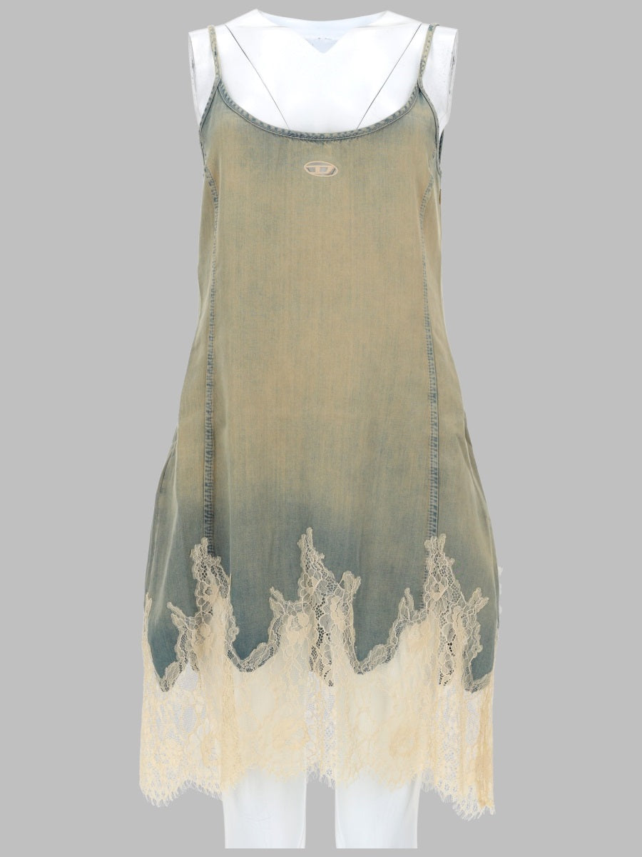 Diesel Abito Corto In Pizzo E Denim