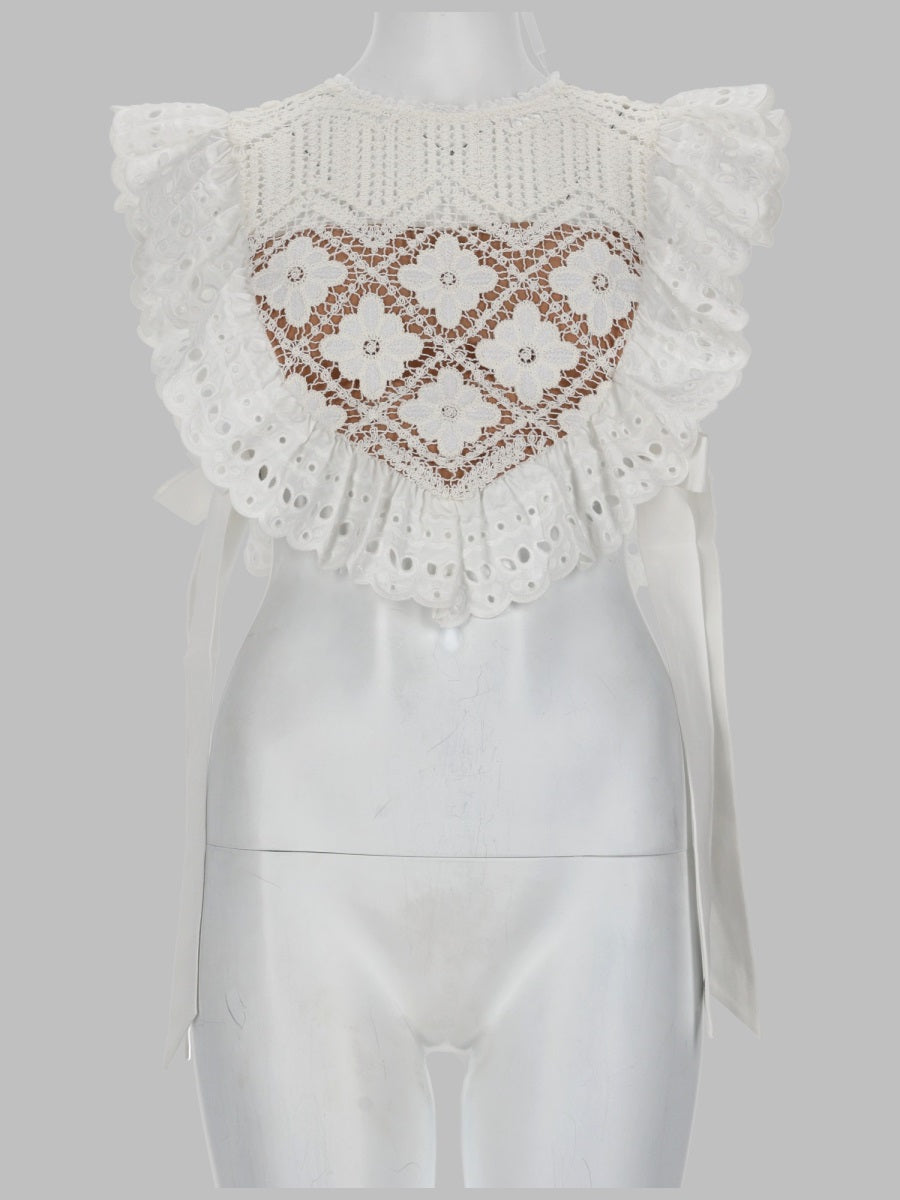 Self Portrait Croptop In Crochet Con Inserti In Pizzo