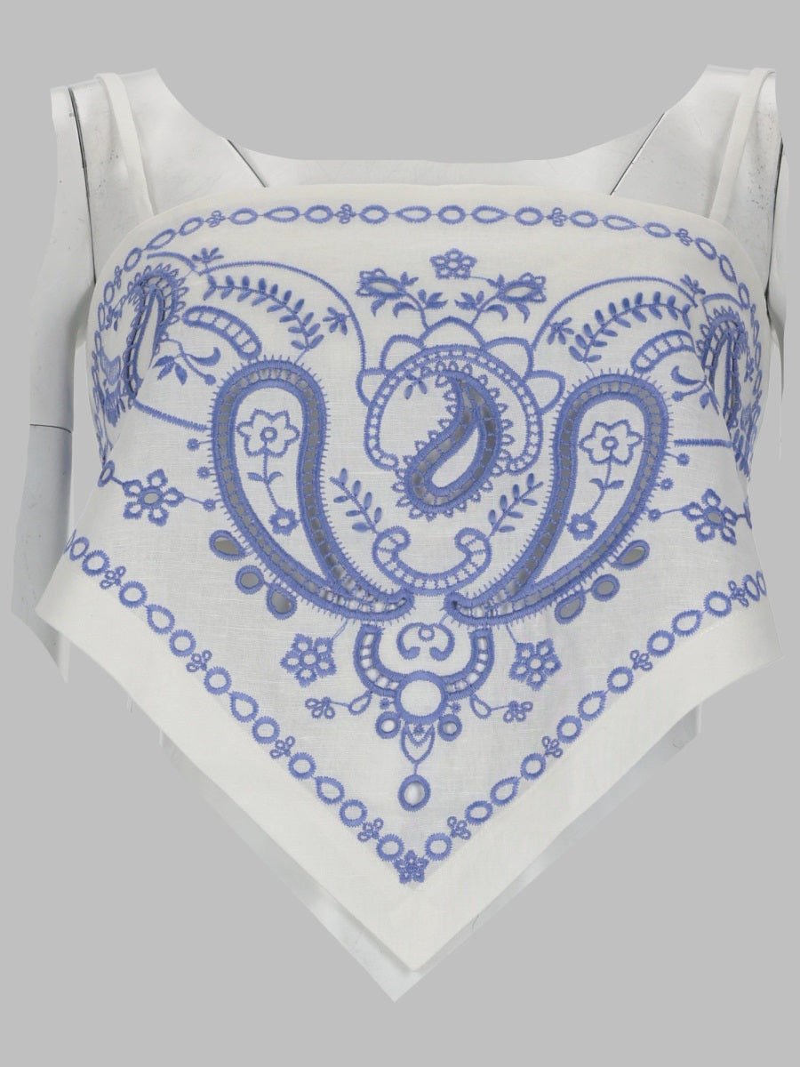 Self Portrait Top In Lino Con Ricamo