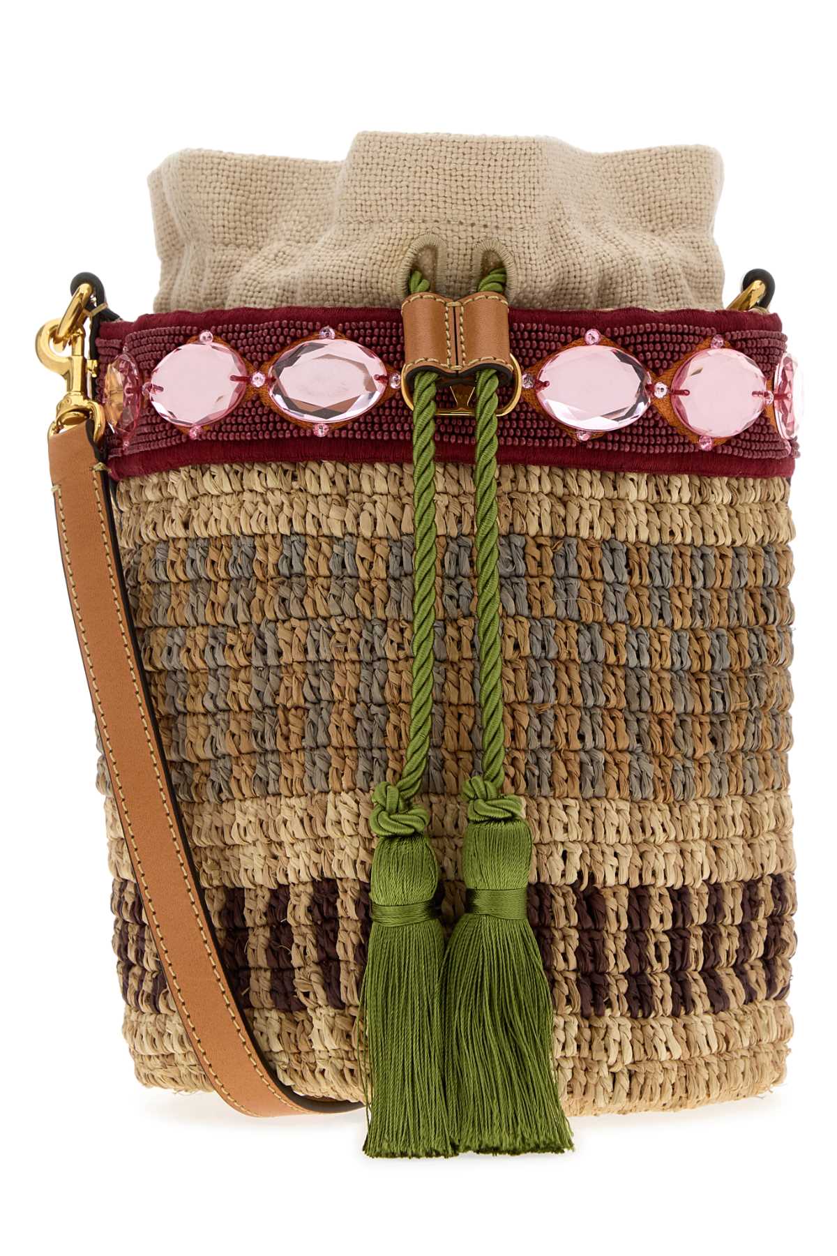Valentino Garavani Embroidered Raffia V Logo Signature Bucket Bag