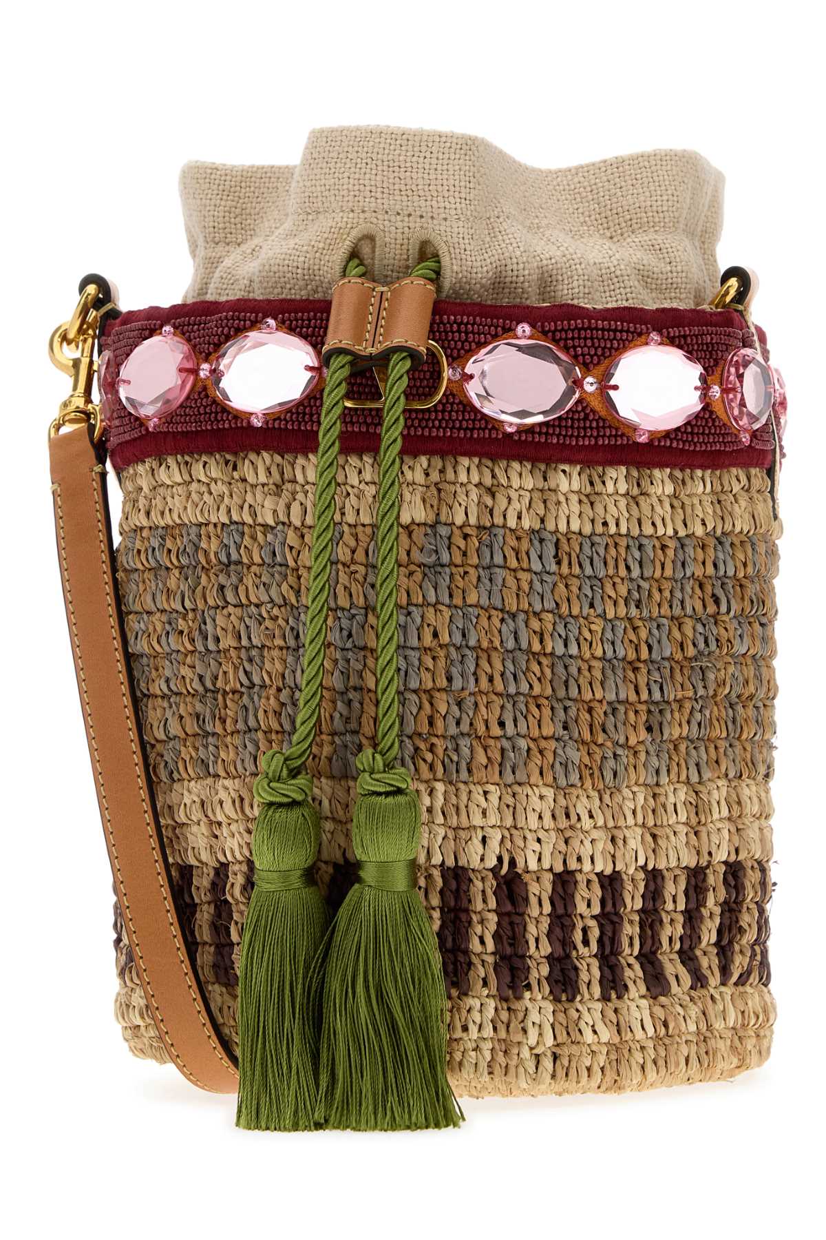 Valentino Garavani Embroidered Raffia V Logo Signature Bucket Bag