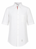 Thom Browne Classic Fit Short Sleeve Shirt W/ Rwb Grosgrain Placket In Solid Poplin