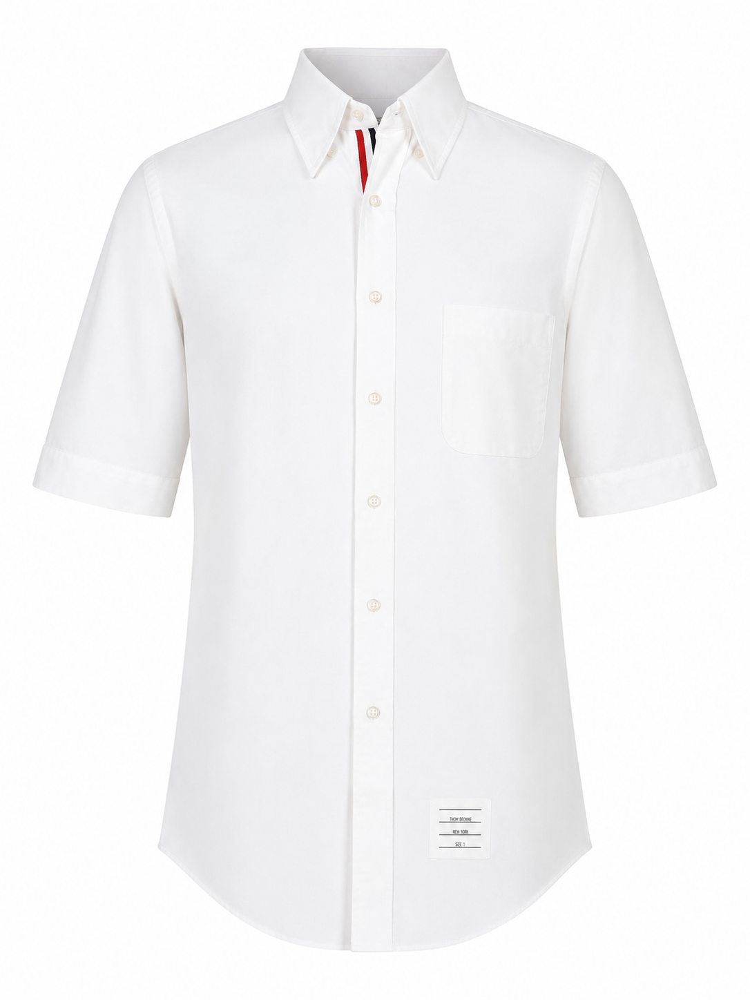 Thom Browne Classic Fit Short Sleeve Shirt W/ Rwb Grosgrain Placket In Solid Poplin