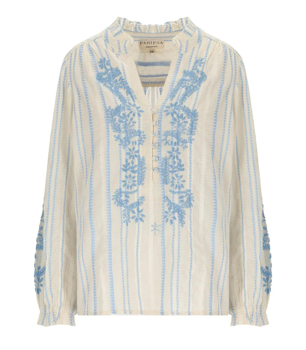 Pahiesa Formentera Ecru And Light Blue Blouse