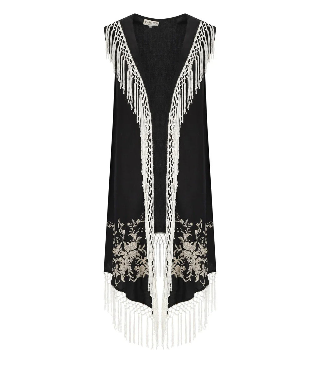 Pahiesa Formentera Black Fringed Kimono